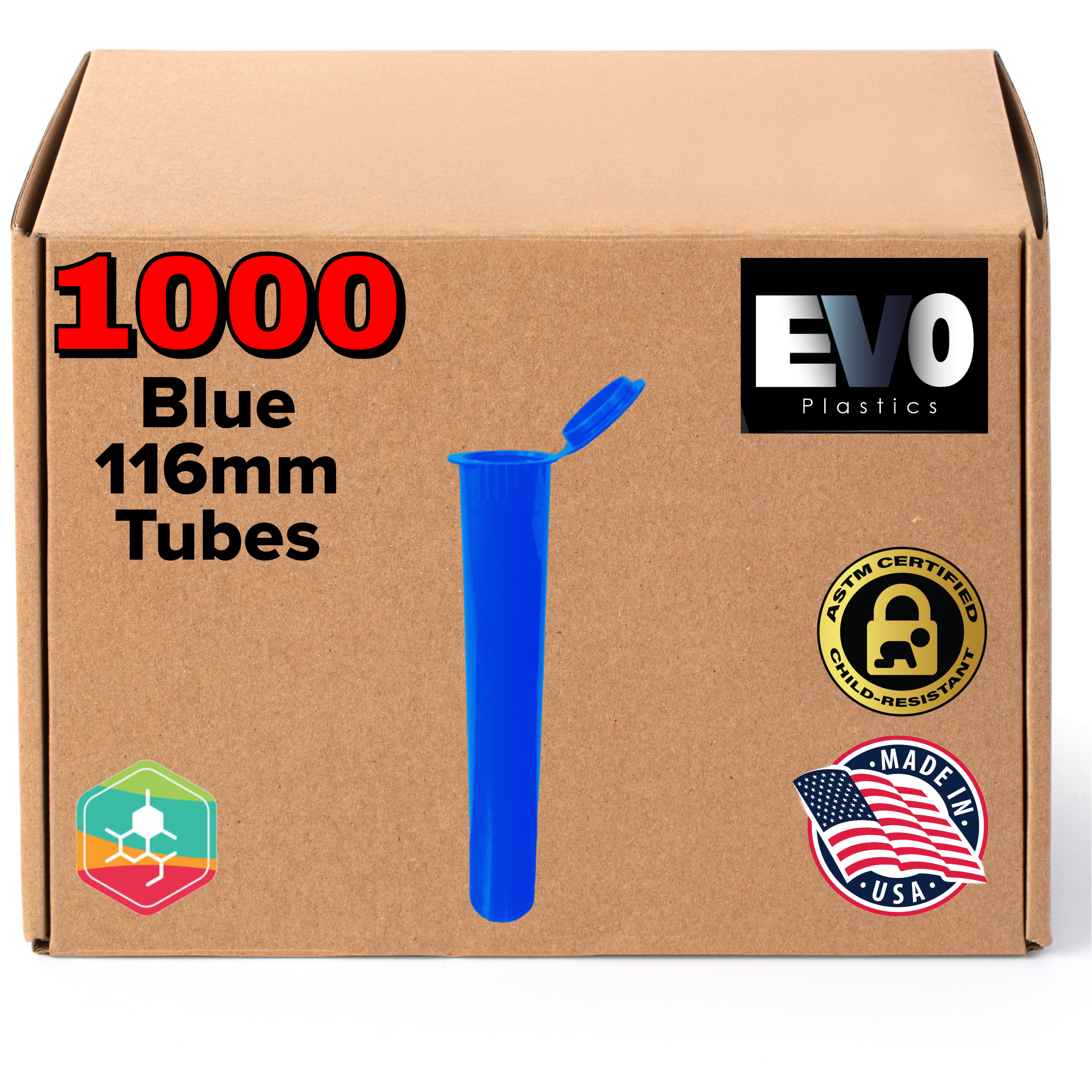 blue 116mm Pre Roll Tube – Child Resistant, Biocompatible Plastic - 1000 count