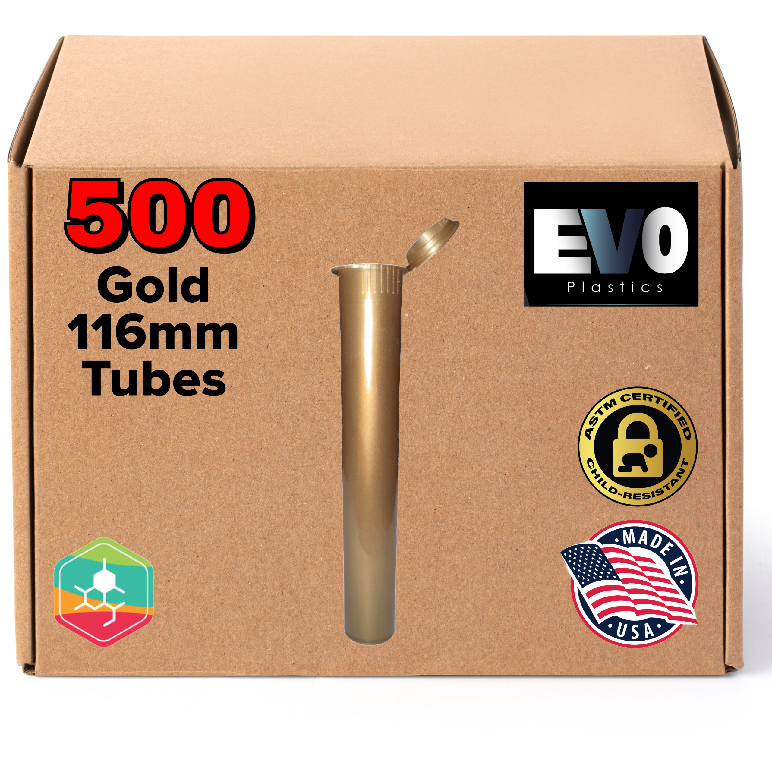 Gold - 116mm Pre Roll Tube – Child Resistant, Biocompatible Plastic - 500 count