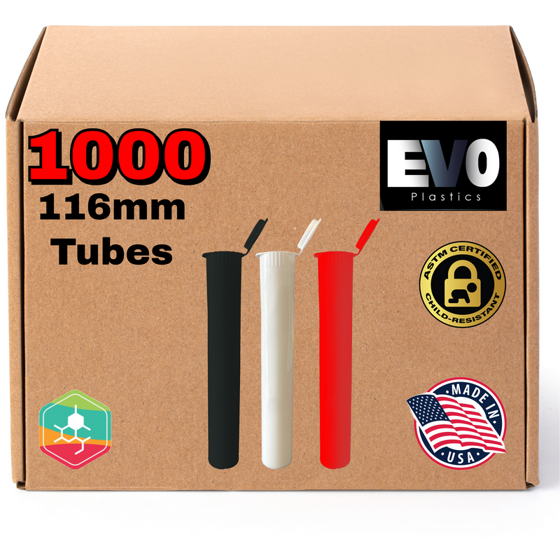 116mm pre-roll tubes – 1000 count bulk pack, assorted colors, child-resistant, odor-proof cannabis packaging