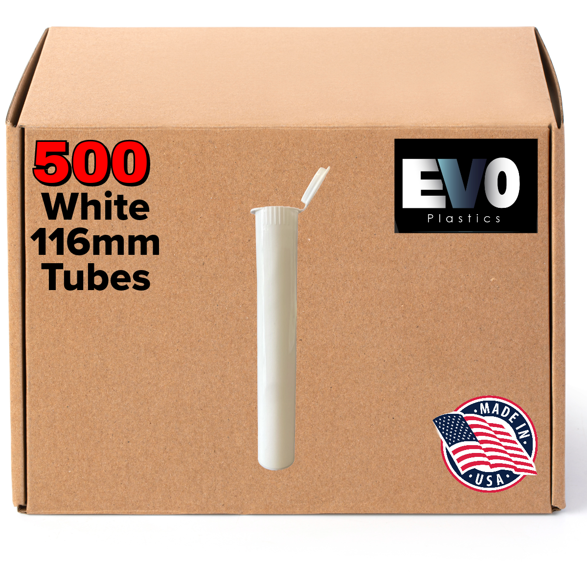 white 116mm Pre Roll Tube – Child Resistant, Biocompatible Plastic - 500 Count