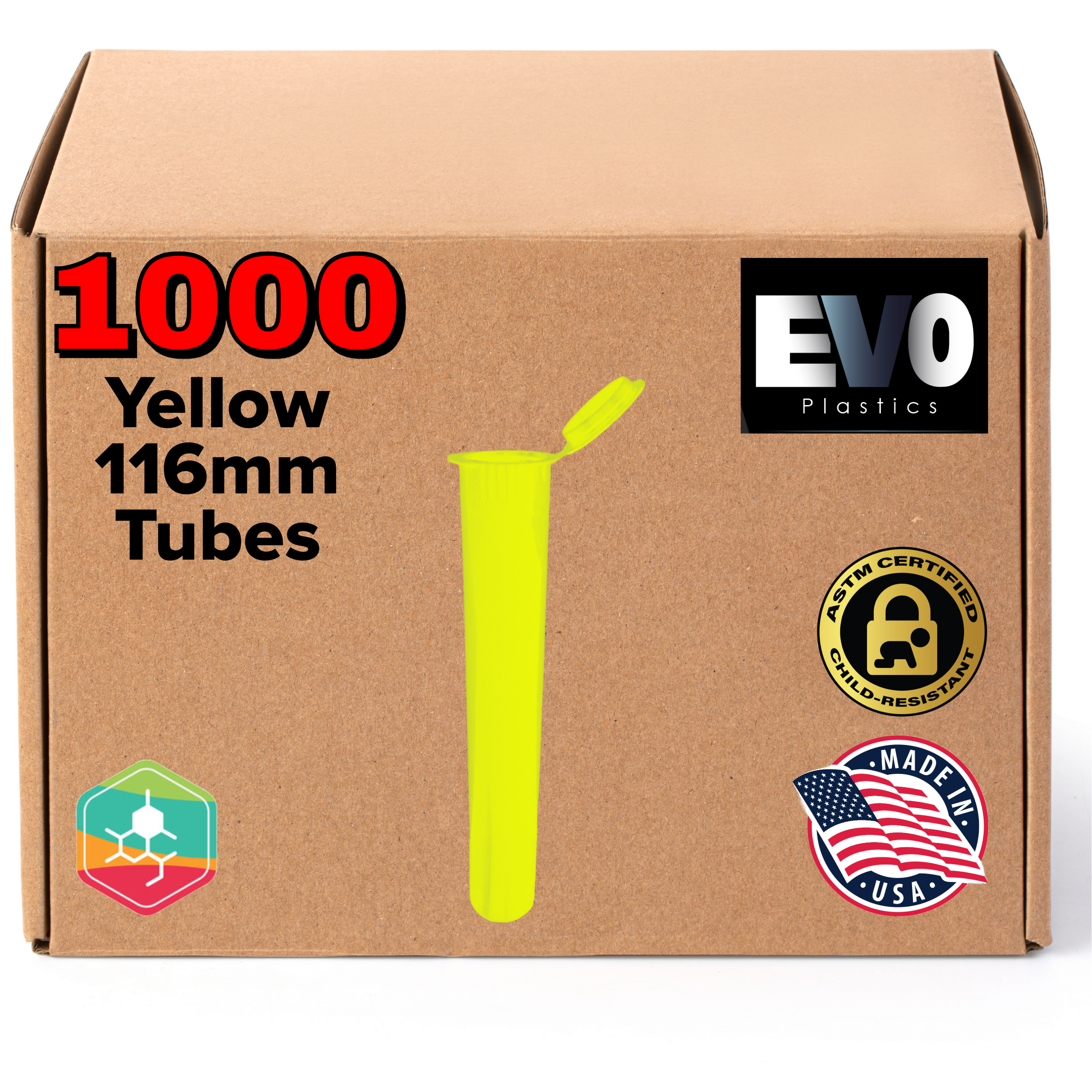 yellow 116mm Pre Roll Tube – Child Resistant, Biocompatible Plastic - 1000 count
