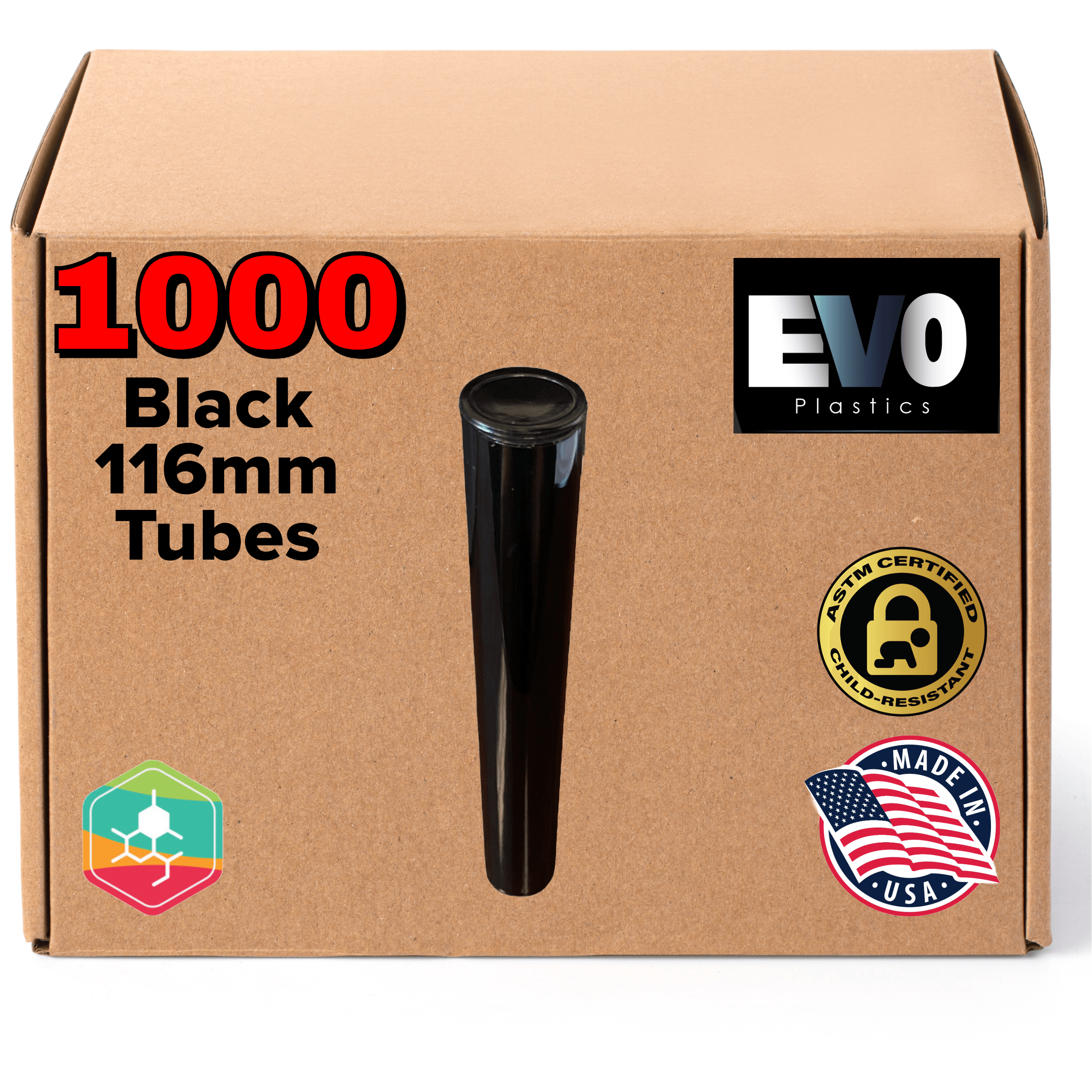 Black - 116mm Pre-Roll Tubes - 1,000 Count - EVO Plastics
