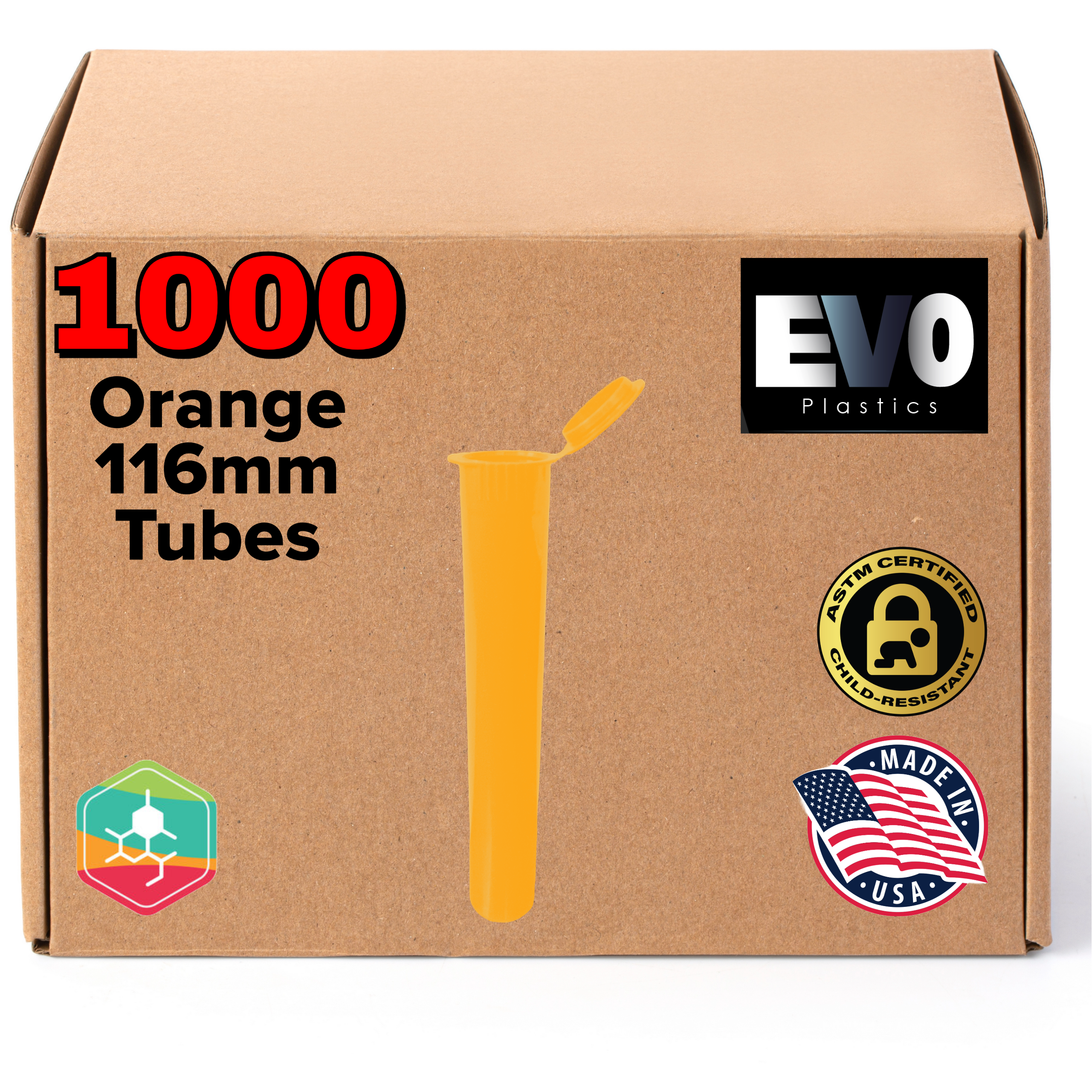 1000 116mm orange pre-roll tube – child-resistant, odor-proof cannabis packaging, bulk pack
